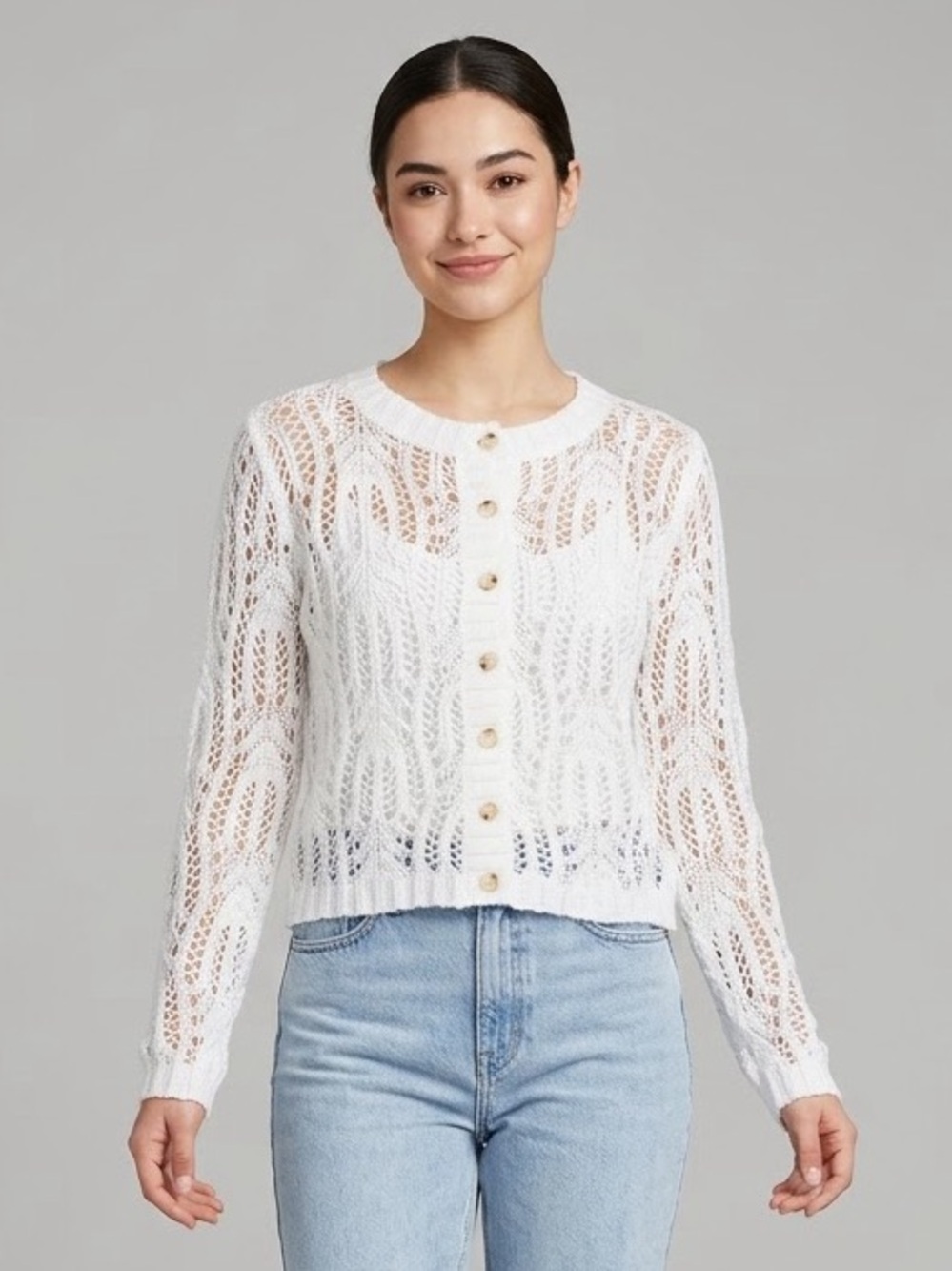 White Open Knit Crochet Mohair Cardigan Button Front Crop Sheer Pointelle Knit